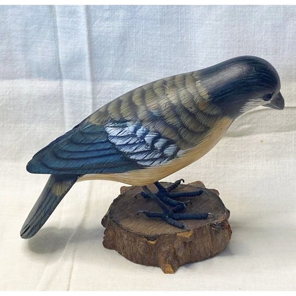 Handpainted Wood Bird Figurine Statue Black Capped Chickadeeon Wood Round Real